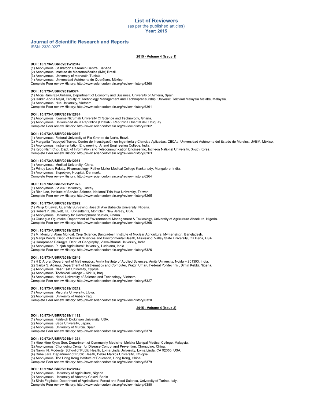 List of Reviewers 2015