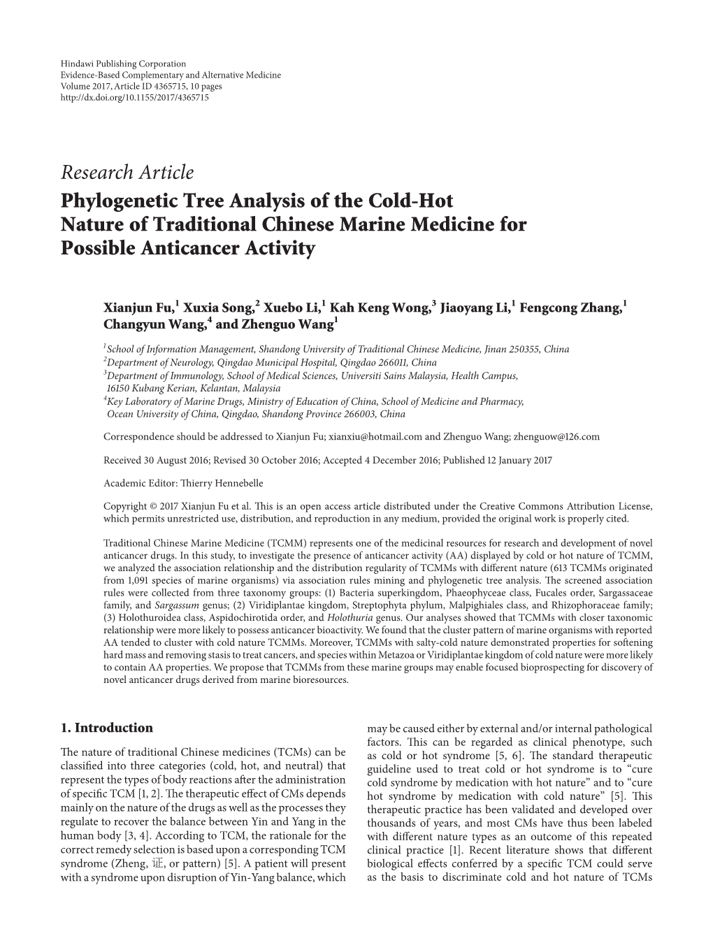 Research Article Phylogenetic Tree Analysis of the Cold-Hot Nature of Traditional Chinese Marine Medicine for Possible Anticancer Activity