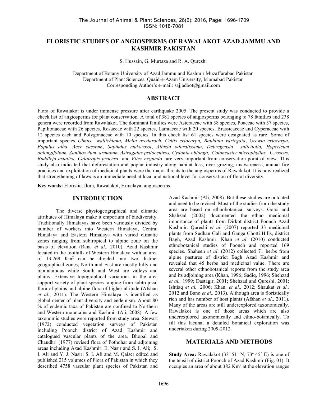 Floristic Studies of Angiosperms of Rawalakot Azad Jammu and Kashmir Pakistan