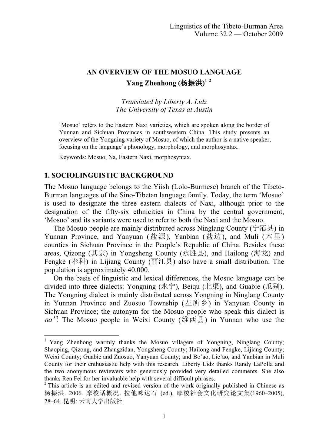 Linguistics of the Tibeto-Burman Area Volume 32.2 — October 2009