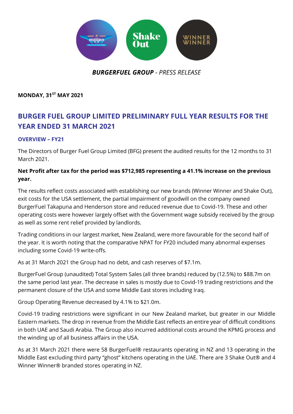 Burger Fuel Group Limited Preliminary Full Year Results for the Year Ended 31 March 2021