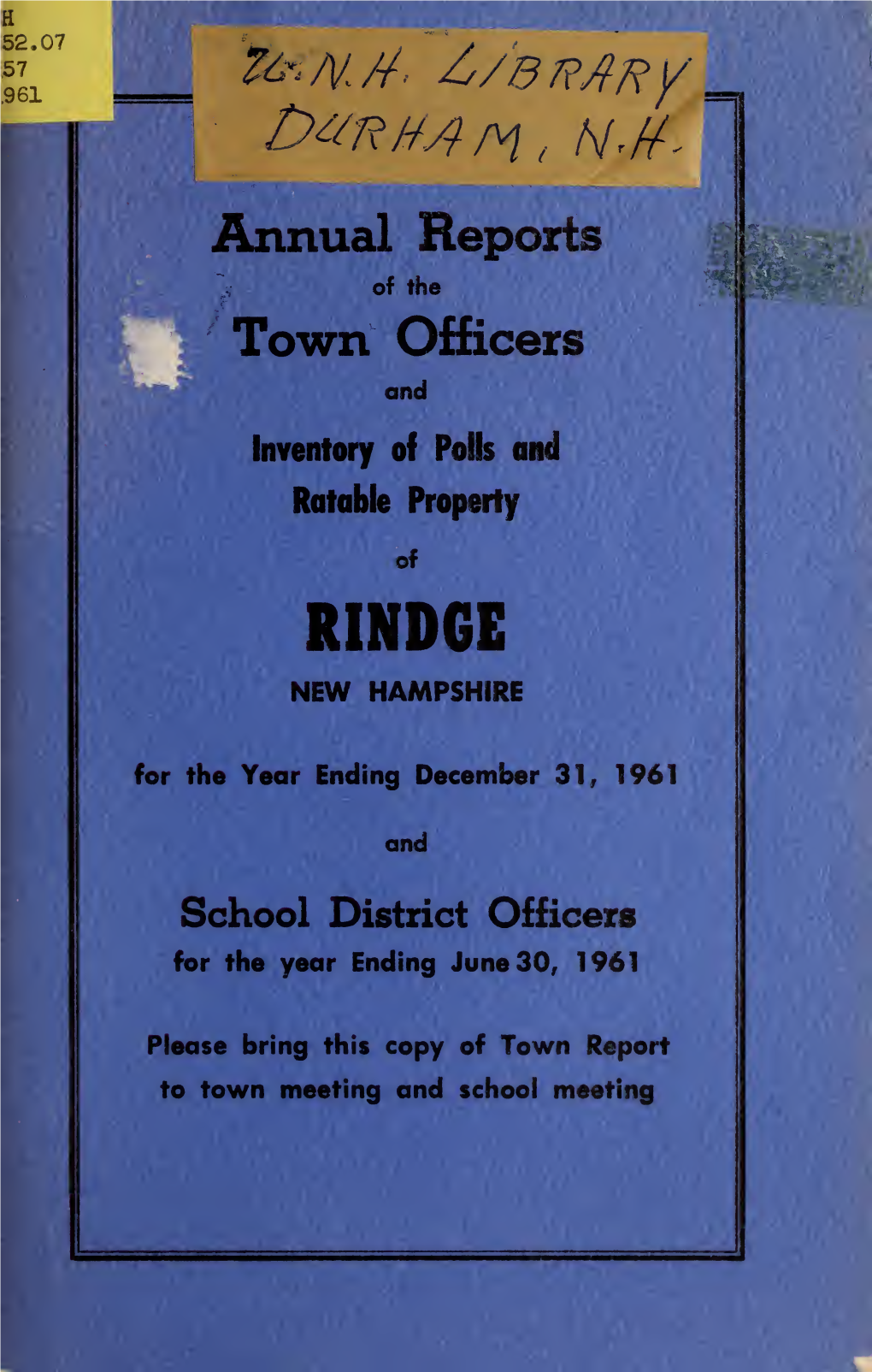 Annual Report of the Town of Rindge, New Hampshire