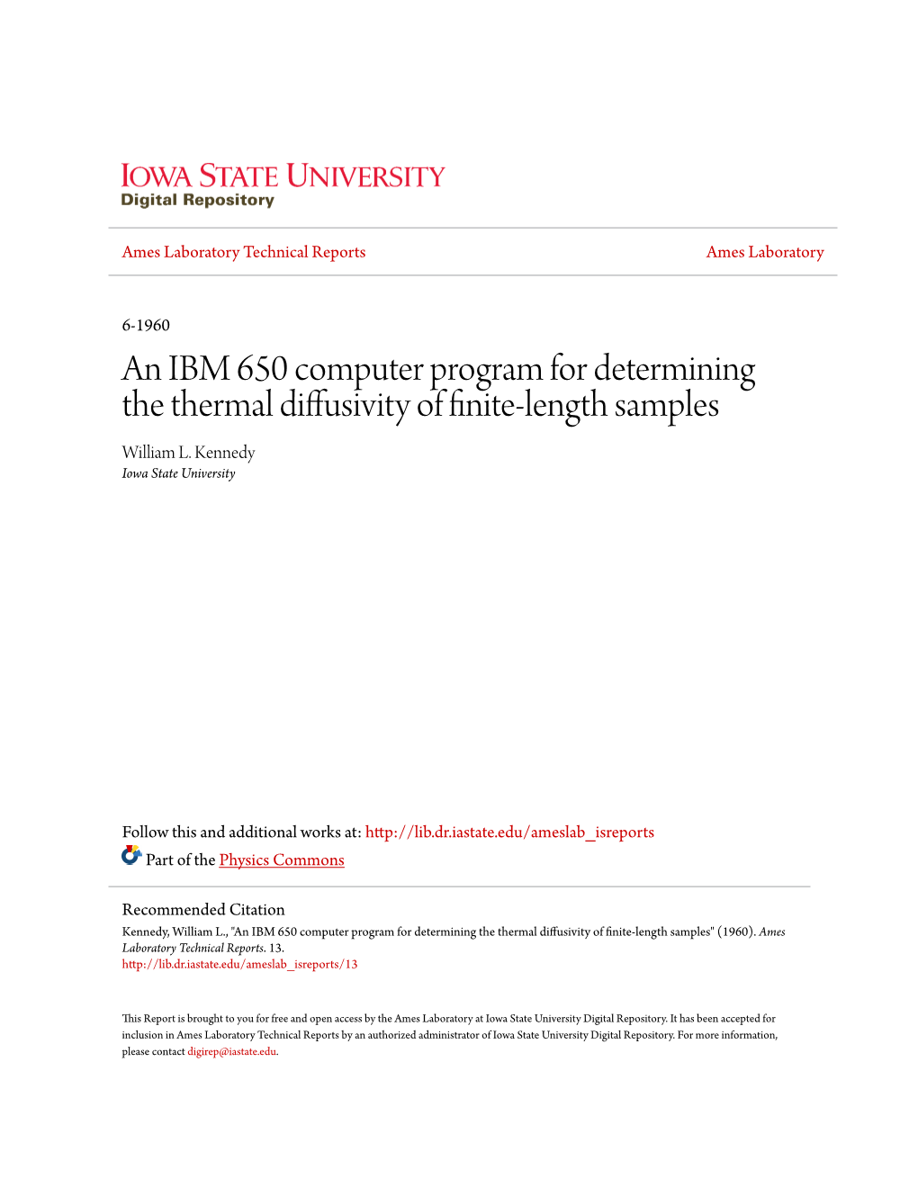 An IBM 650 Computer Program for Determining the Thermal Diffusivity of Finite-Length Samples William L