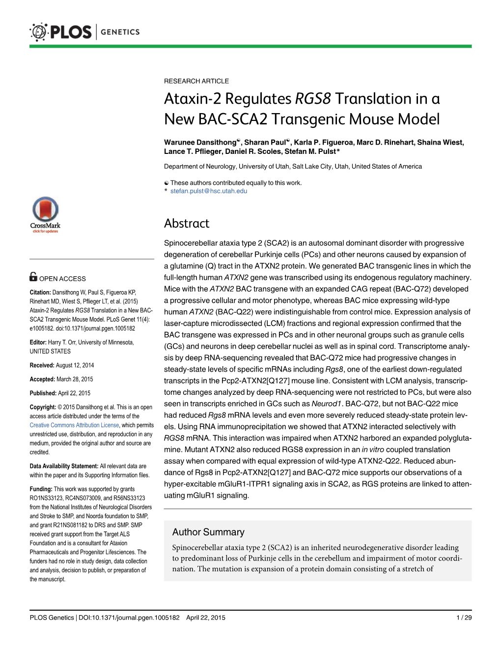 Ataxin-2 Regulates RGS8 Translation in a New BAC-SCA2 Transgenic Mouse Model