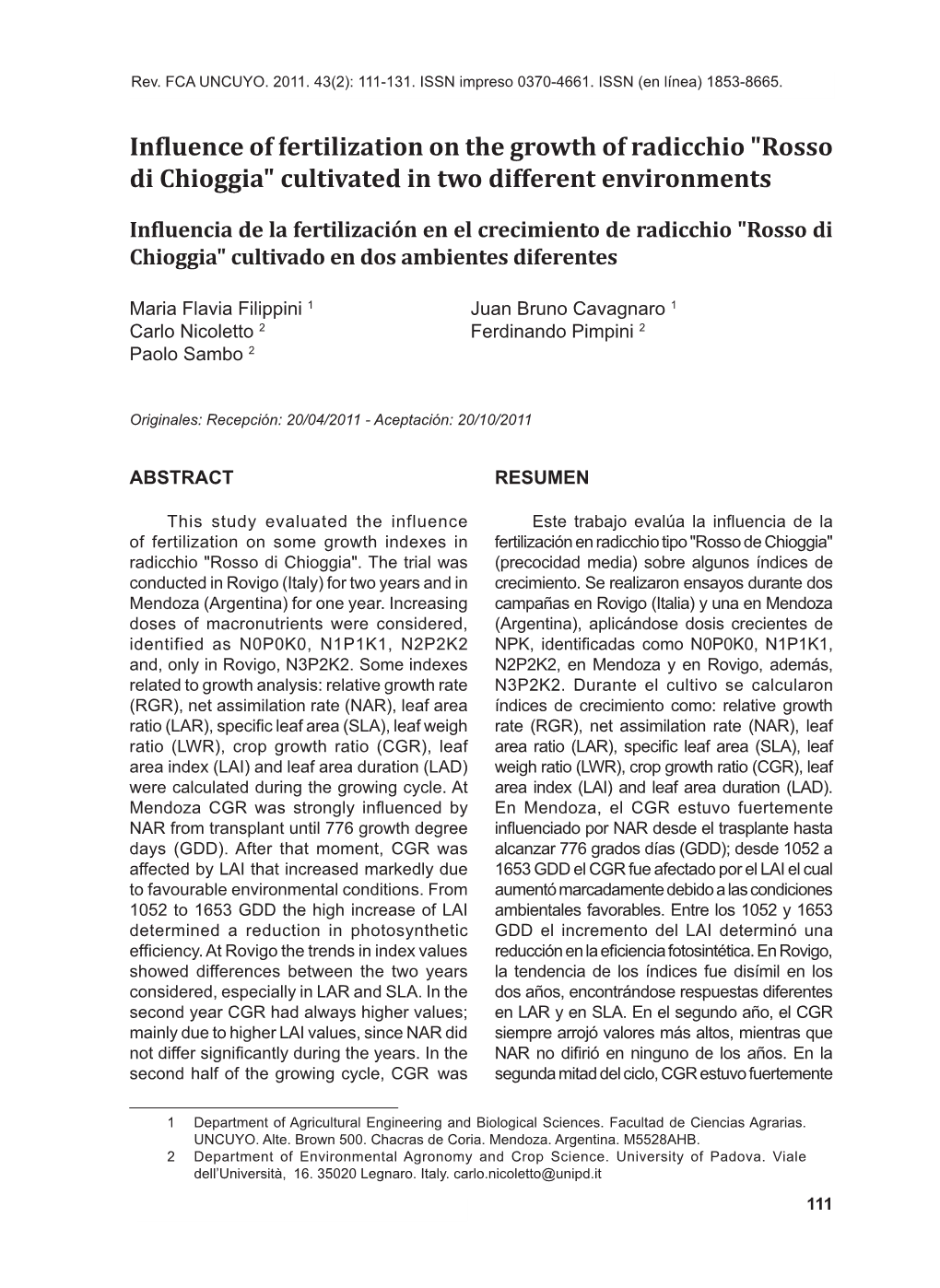 Influence of Fertilization on the Growth of Radicchio "Rosso Di Chioggia" Cultivated in Two Different Environments