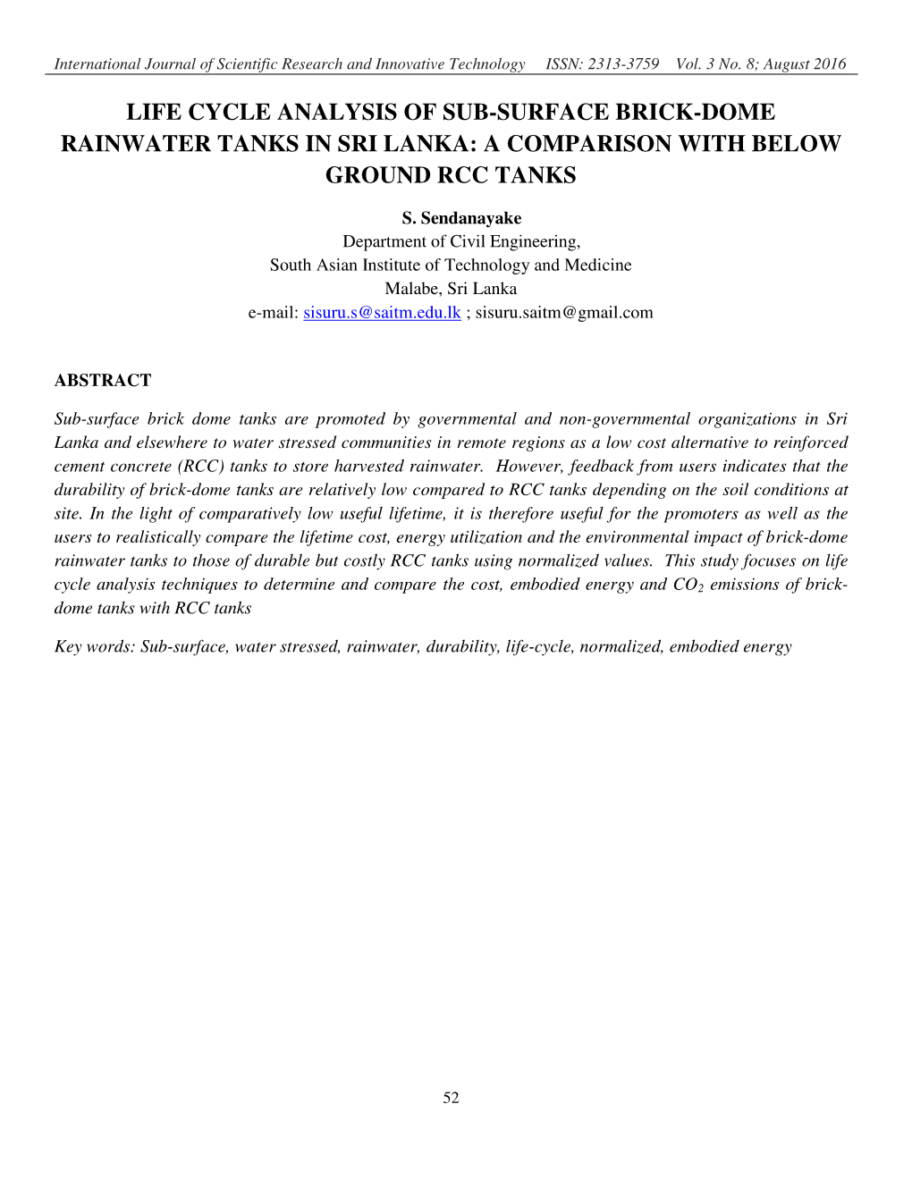 Life Cycle Analysis of Sub-Surface Brick-Dome Rainwater Tanks in Sri Lanka: a Comparison with Below Ground Rcc Tanks