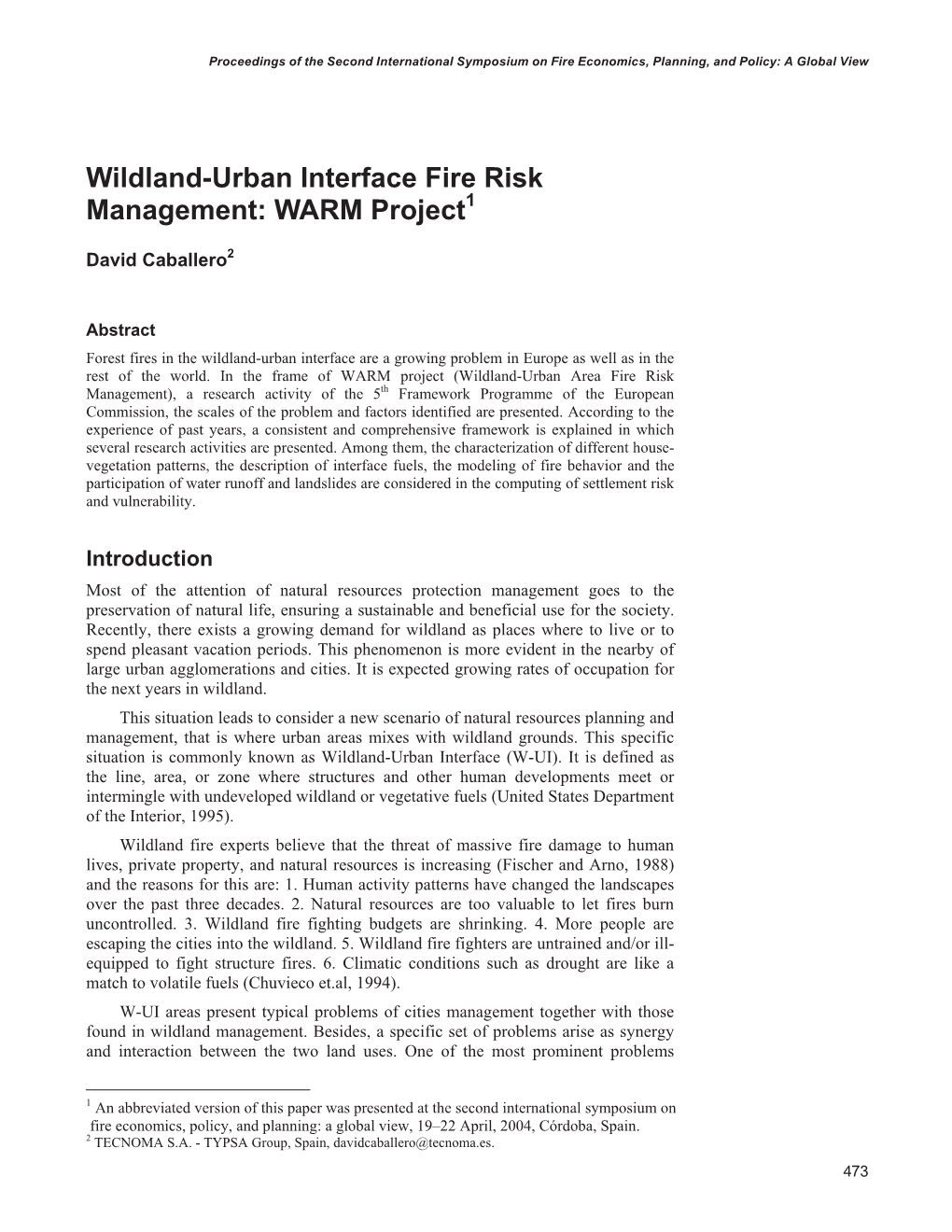 Wildland-Urban Interface Fire Risk Management: WARM Project1