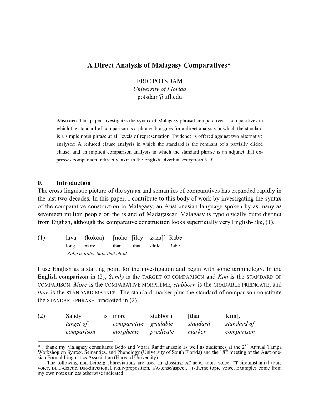 A Direct Analysis of Malagasy Comparatives*