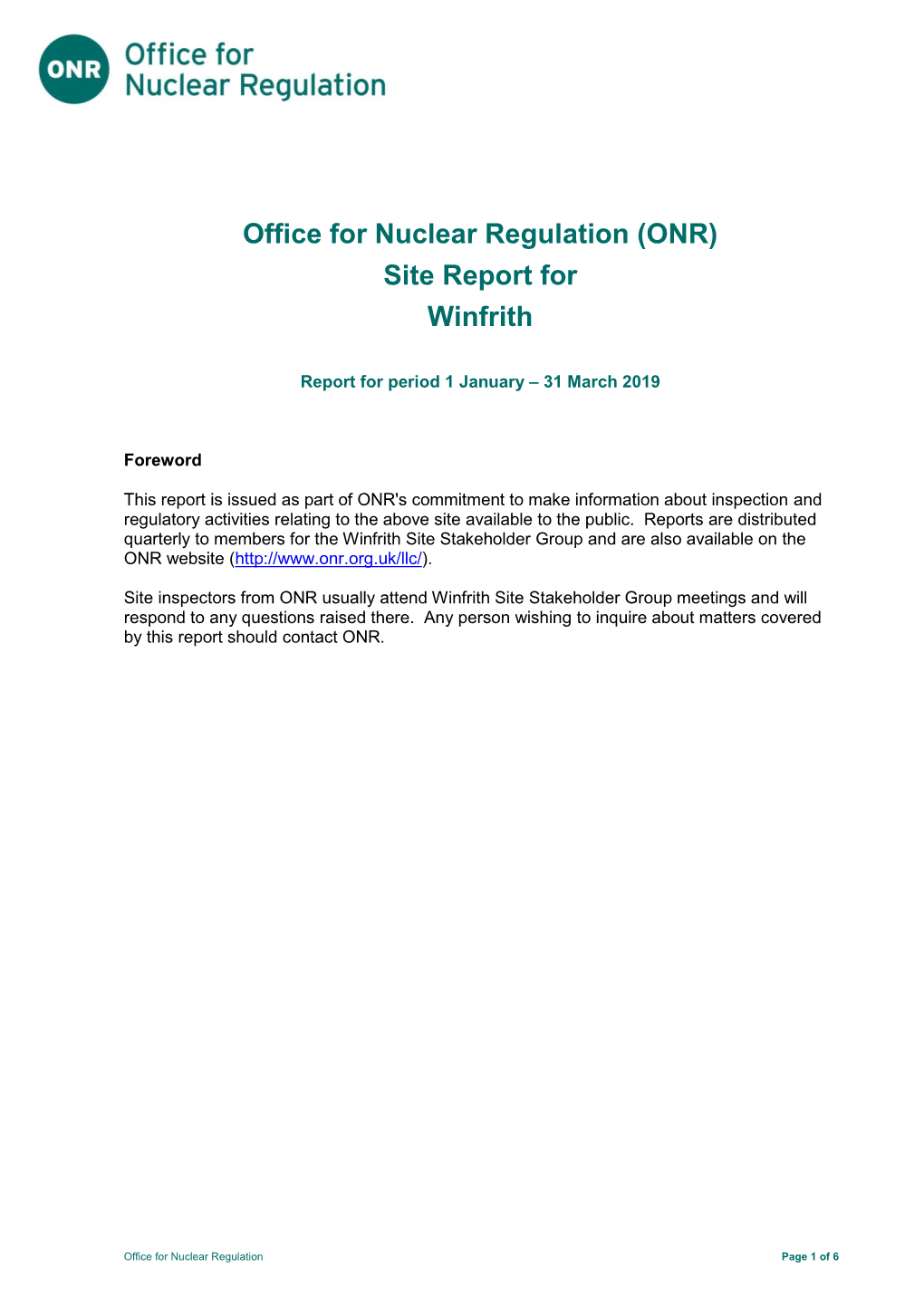 Winfrith ONR Report from Period 1 January to 31 March 2019