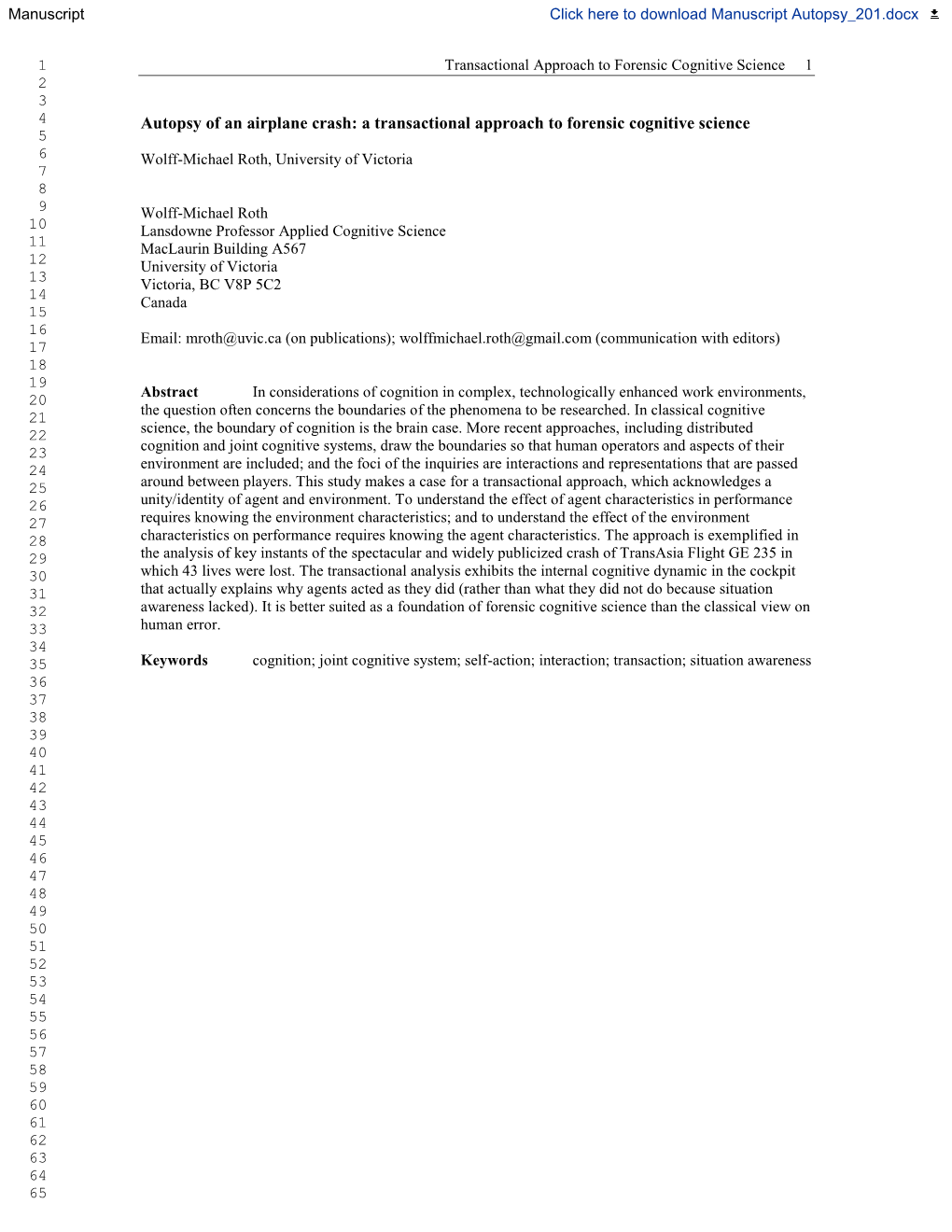 Autopsy of an Airplane Crash: a Transactional Approach to Forensic Cognitive Science