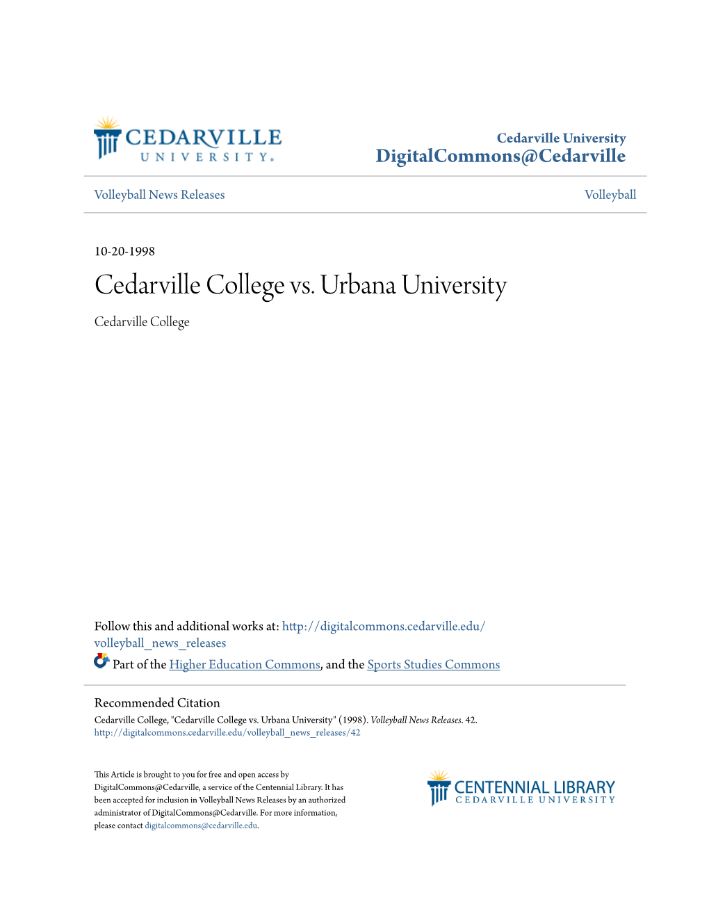 Cedarville College Vs. Urbana University Cedarville College