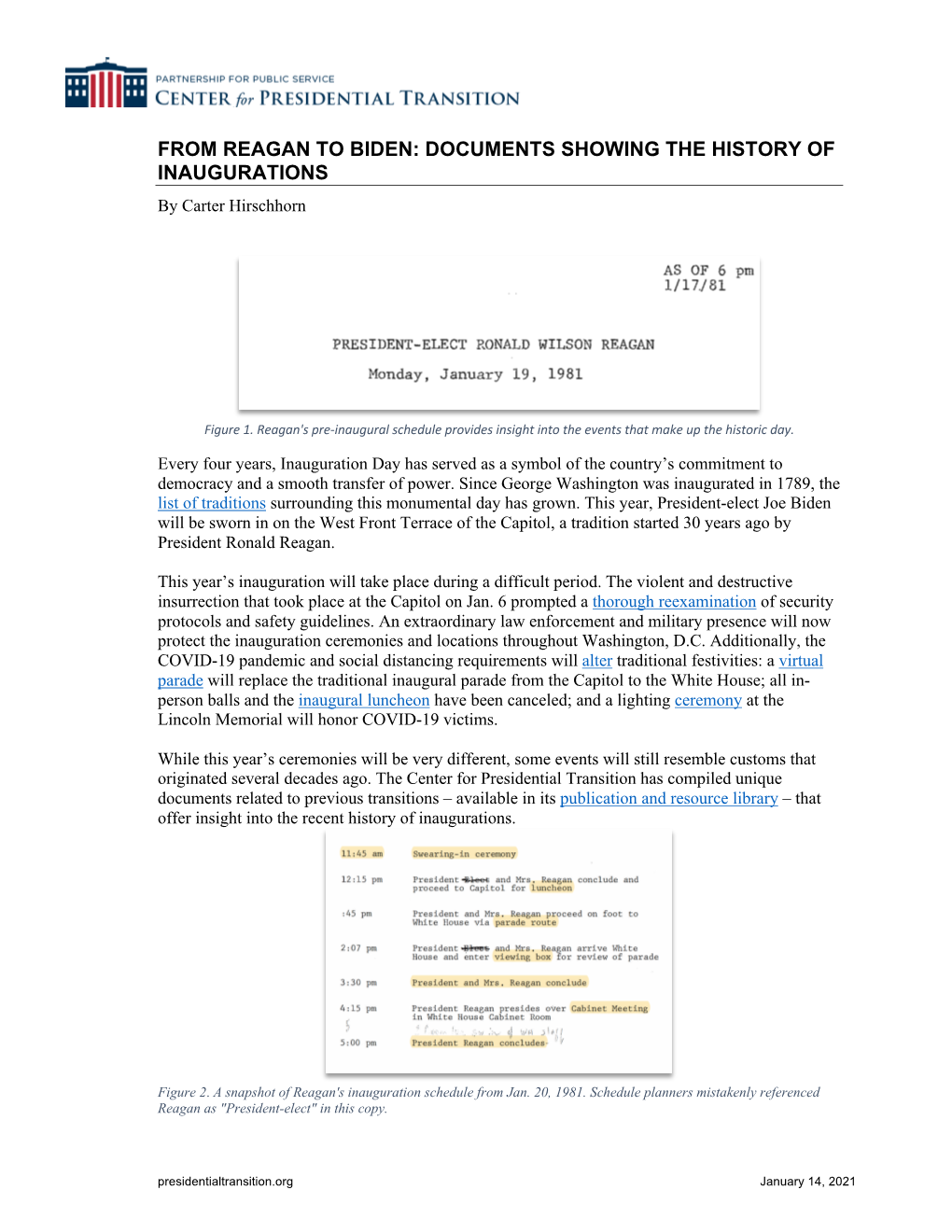 FROM REAGAN to BIDEN: DOCUMENTS SHOWING the HISTORY of INAUGURATIONS by Carter Hirschhorn