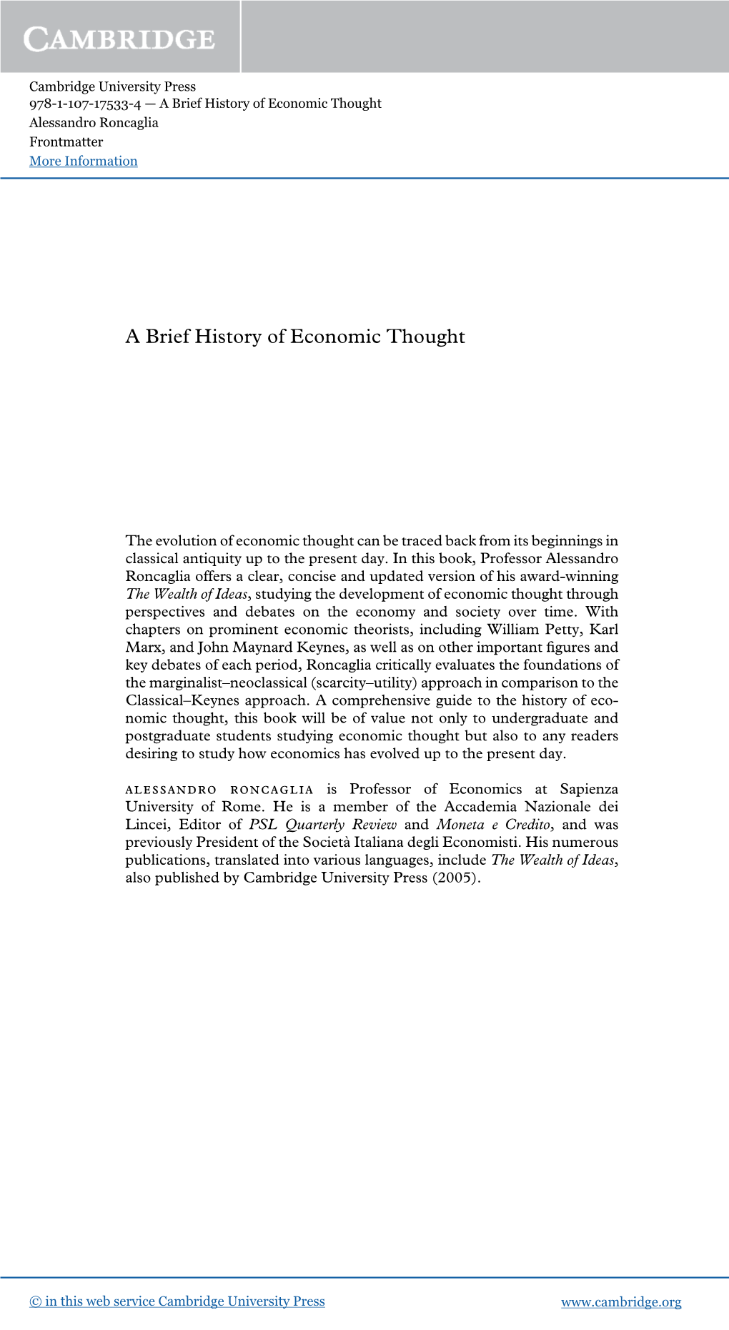 A Brief History of Economic Thought Alessandro Roncaglia Frontmatter More Information