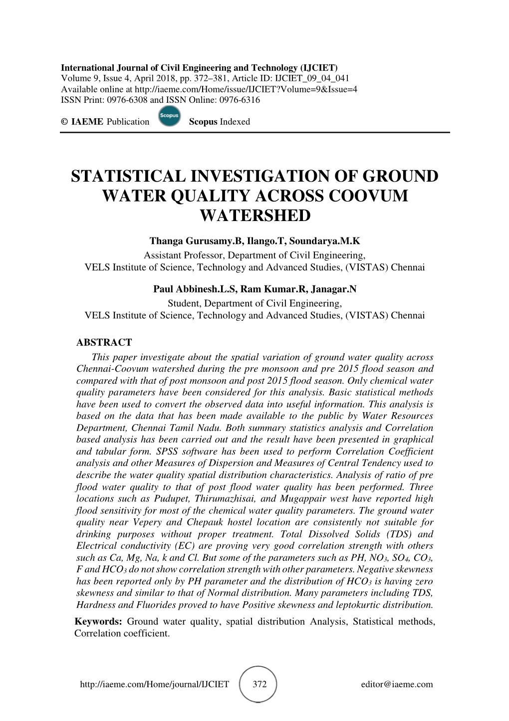 Statistical Investigation of Ground Water Quality Across Coovum Watershed