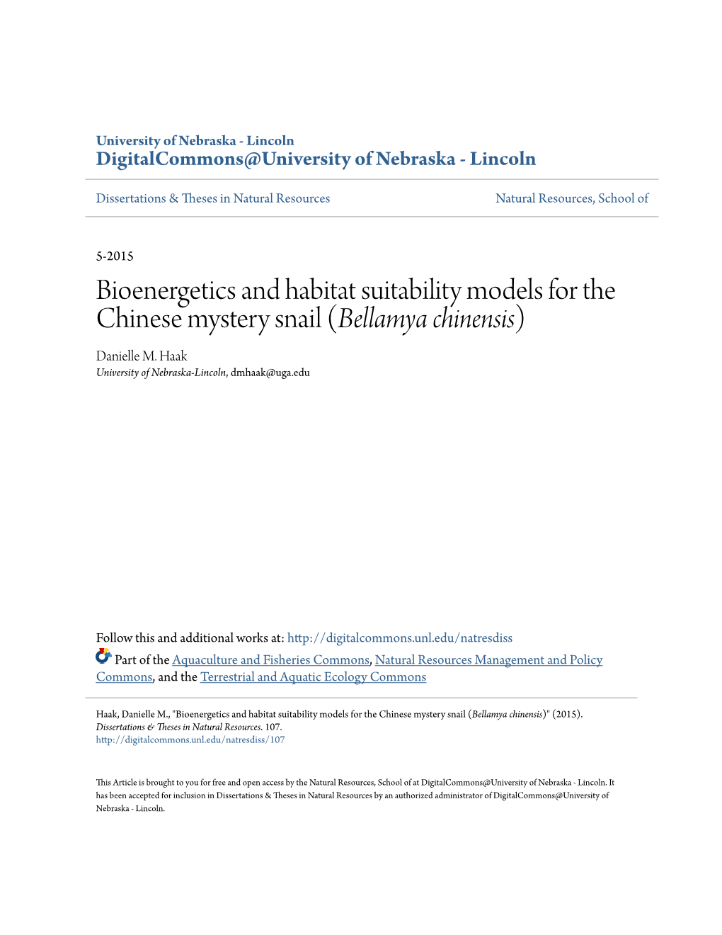 Bioenergetics and Habitat Suitability Models for the Chinese Mystery Snail (Bellamya Chinensis) Danielle M