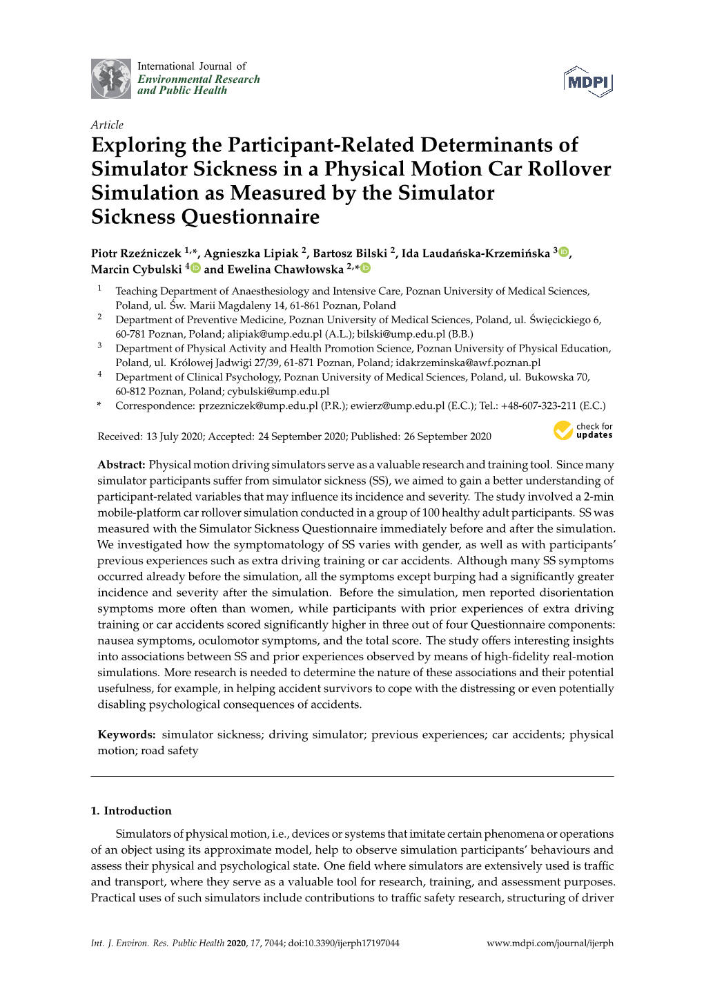 Exploring the Participant-Related Determinants of Simulator Sickness in a Physical Motion Car Rollover Simulation As Measured by the Simulator Sickness Questionnaire