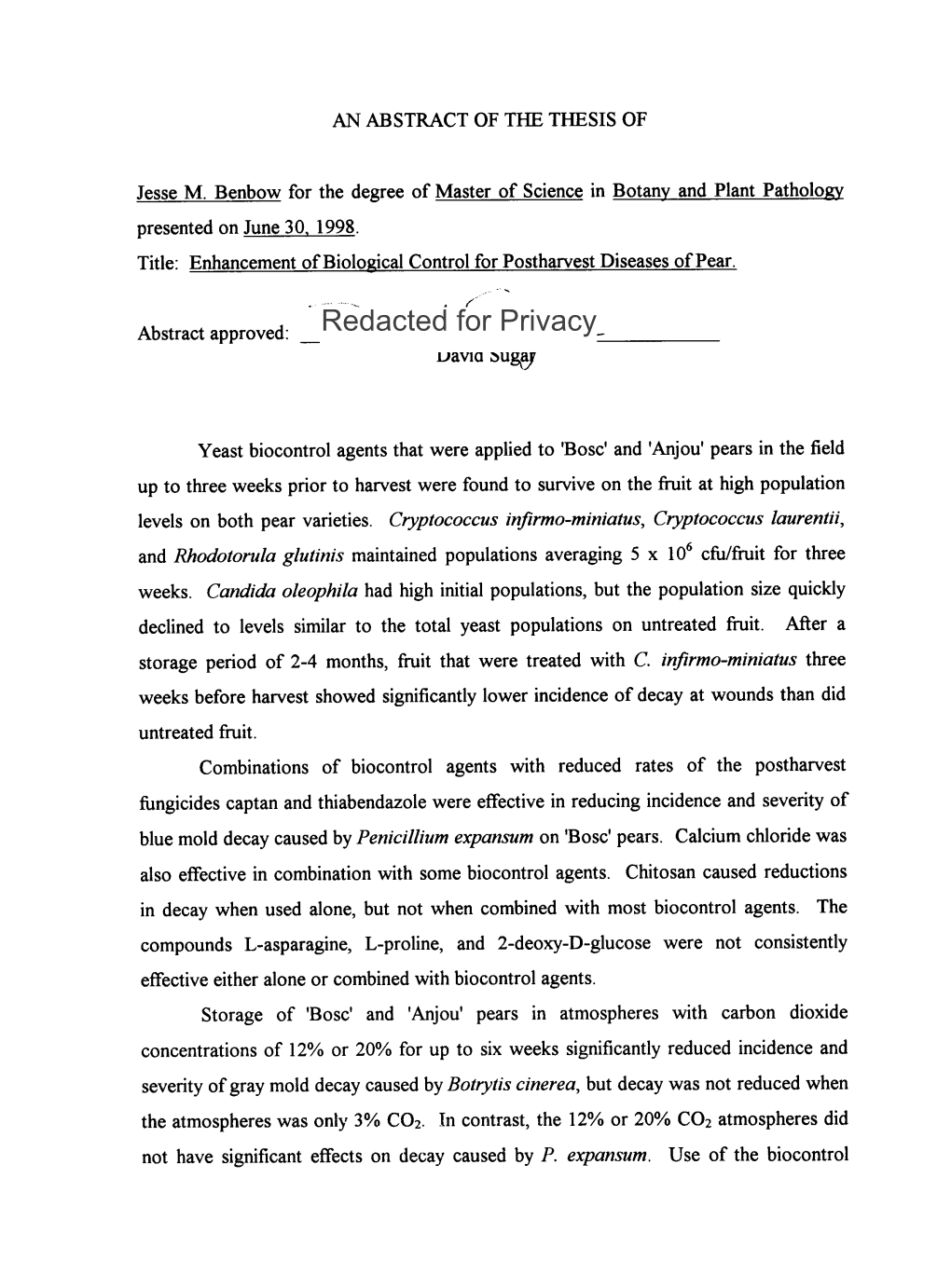 Enhancement of Biological Control for Postharvest Diseases of Pear