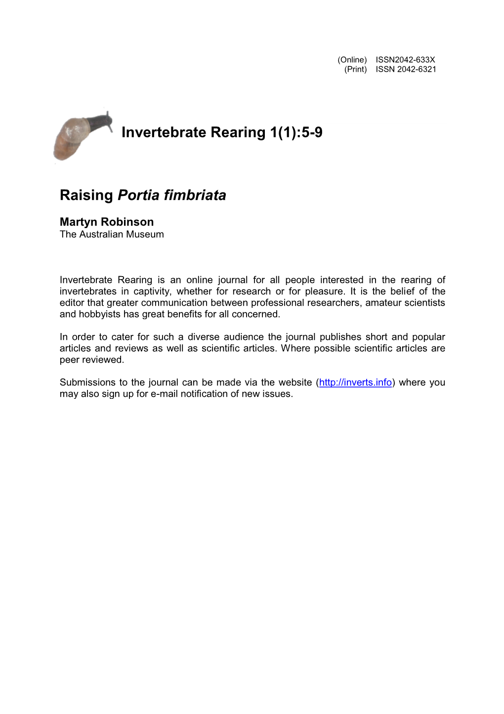 Invertebrate Rearing 1(1):5-9 Raising Portia Fimbriata