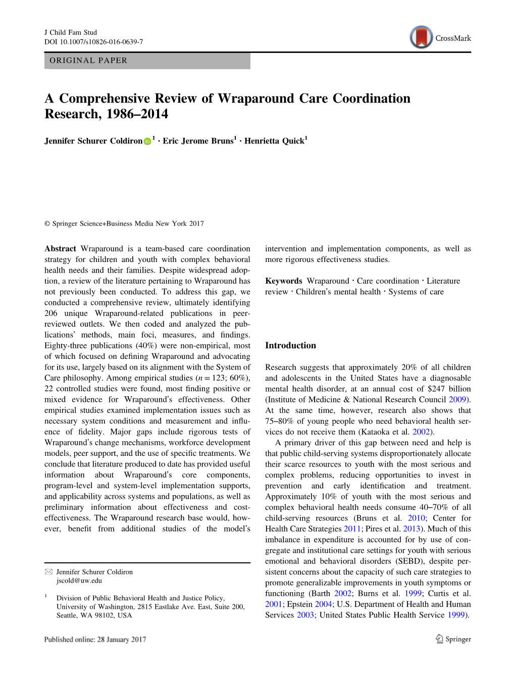 A Comprehensive Review of Wraparound Care Coordination Research, 1986Â€“2014