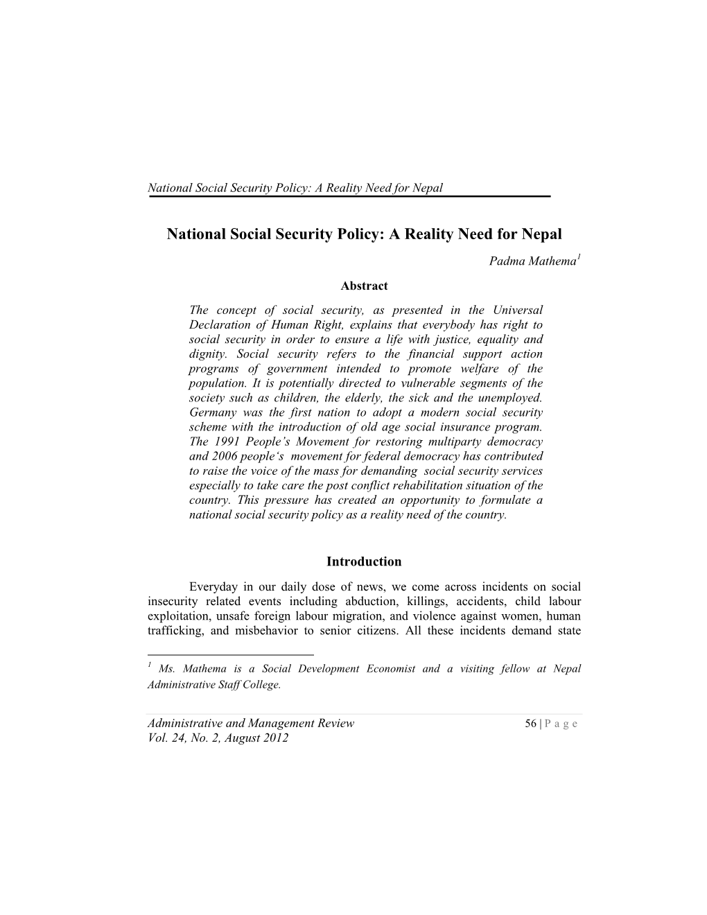 National Social Security Policy: a Reality Need for Nepal