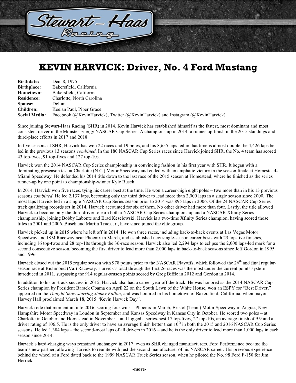 KEVIN HARVICK: Driver, No
