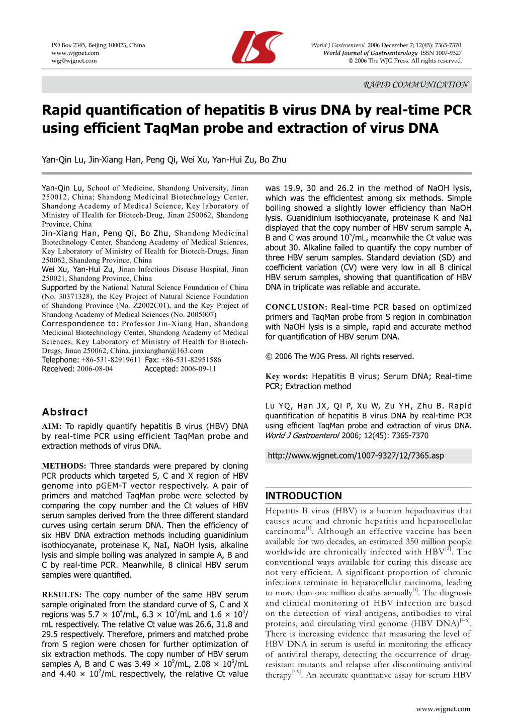 Rapid Quantification of Hepatitis B Virus DNA by Real-Time PCR Using Efficient Taqman Probe and Extraction of Virus DNA