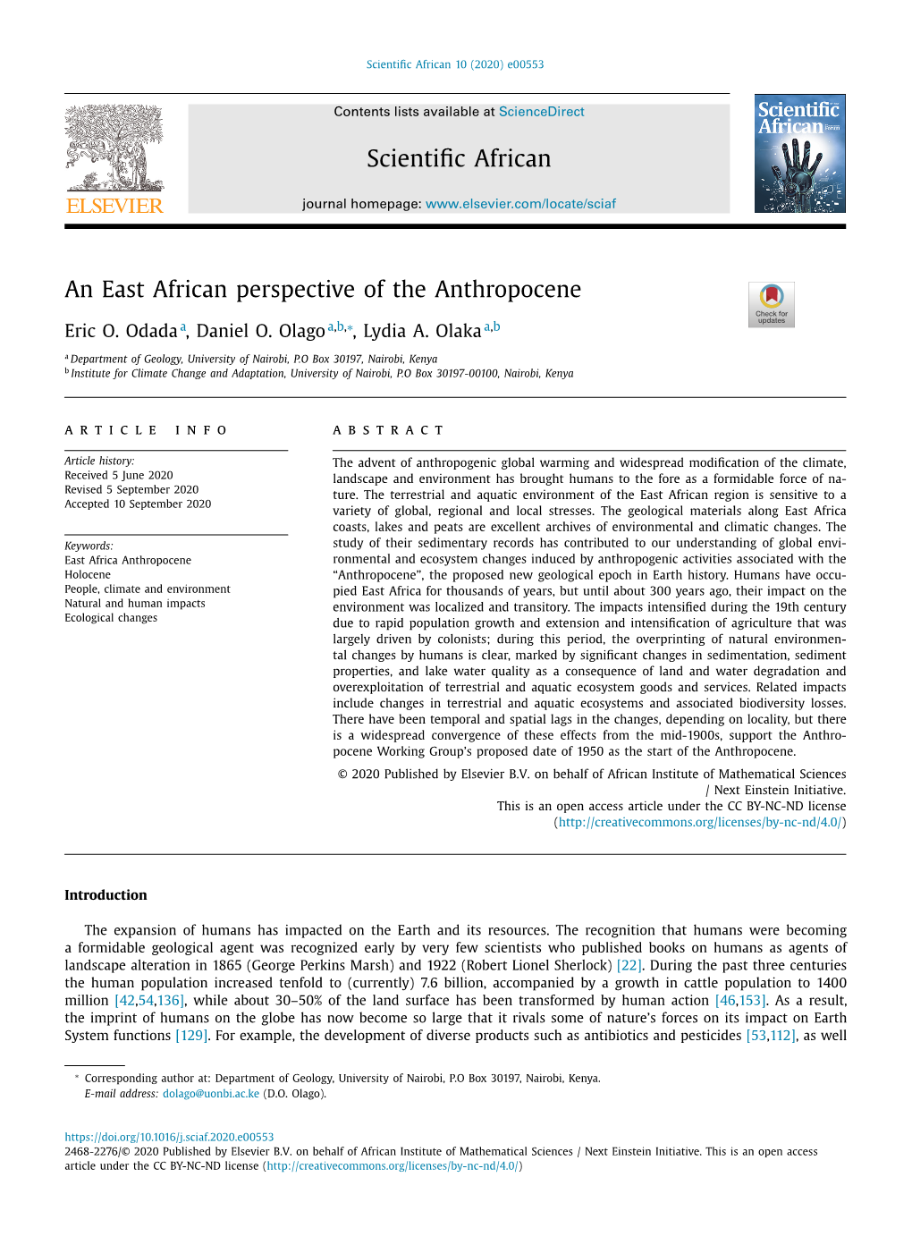 Scientific African an East African Perspective of the Anthropocene