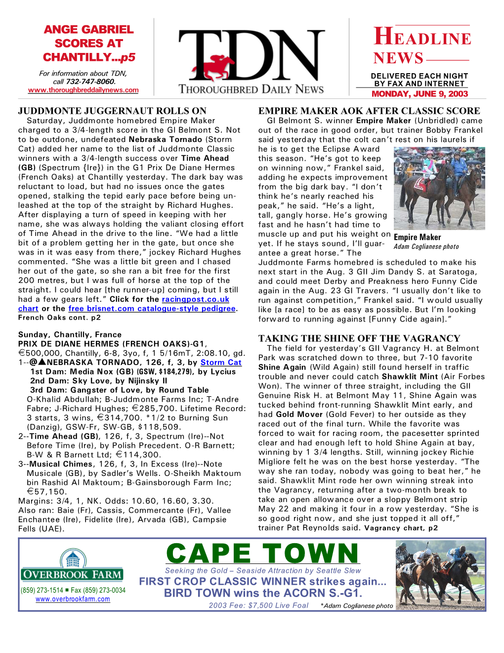 CAPE TOWN Seeking the Gold S Seaside Attraction by Seattle Slew FIRST CROP CLASSIC WINNER Strikes Again