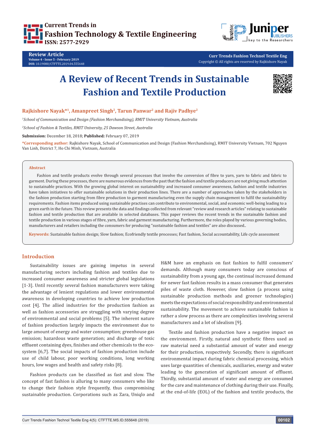 A Review of Recent Trends in Sustainable Fashion and Textile Production