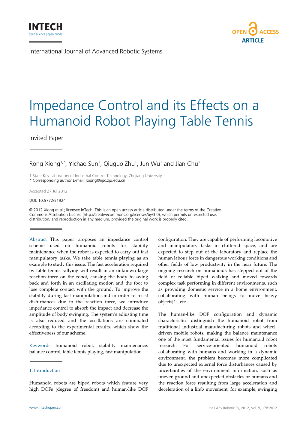 Impedance Control and Its Effects on a Humanoid Robot Playing Table Tennis