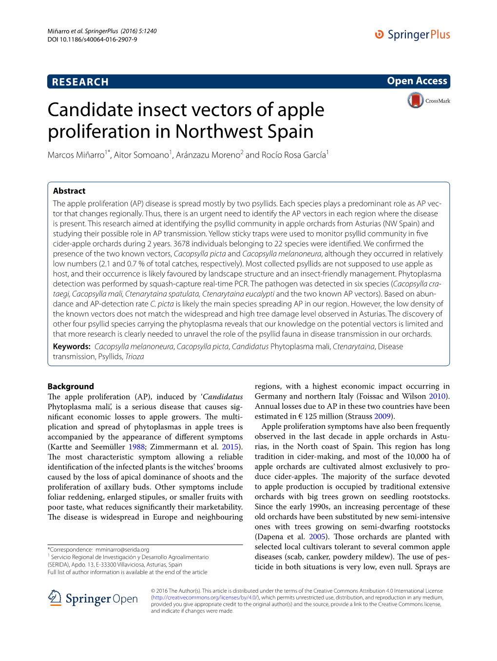 Candidate Insect Vectors of Apple Proliferation in Northwest Spain Marcos Miñarro1*, Aitor Somoano1, Aránzazu Moreno2 and Rocío Rosa García1