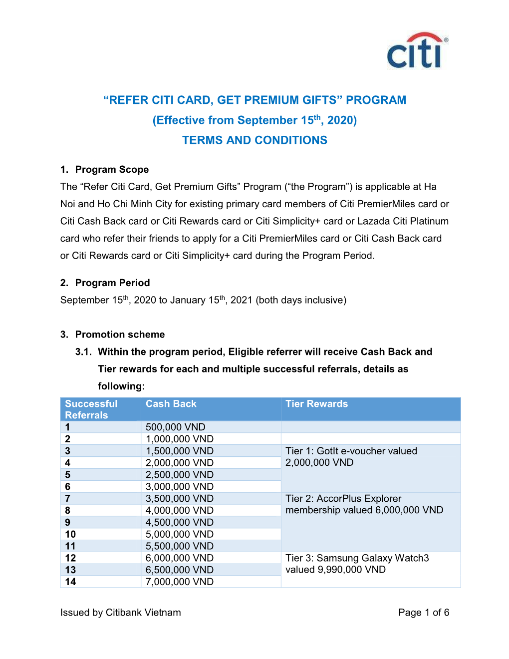 “REFER CITI CARD, GET PREMIUM GIFTS” PROGRAM (Effective from September 15Th, 2020) TERMS and CONDITIONS