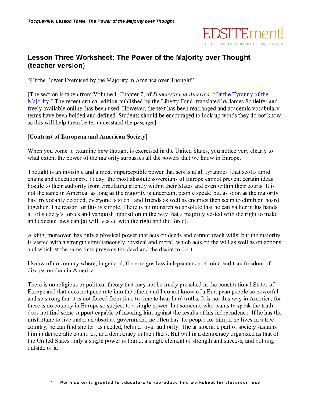 Lesson Three Worksheet: the Power of the Majority Over Thought (Teacher Version)