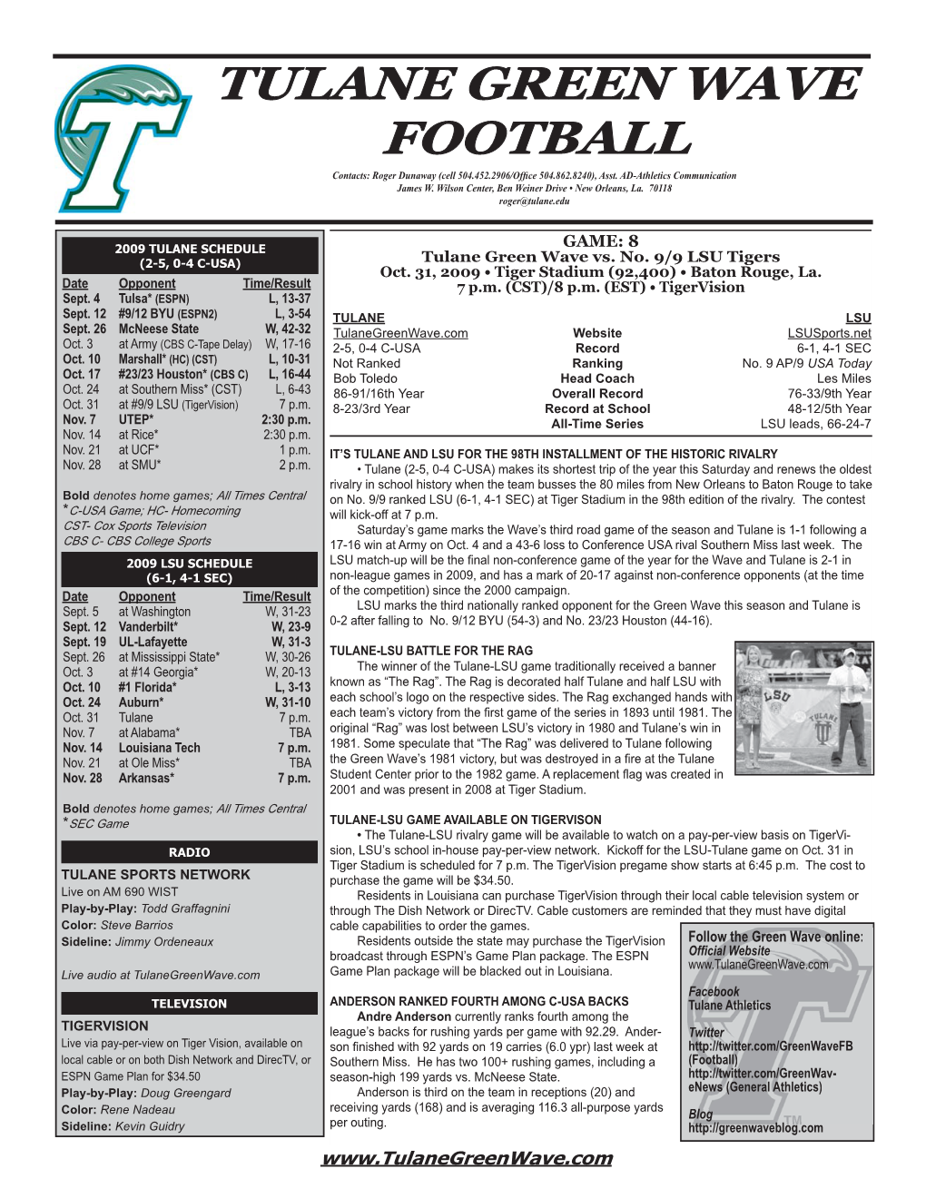 2009 Tulane Game Notes.Indd