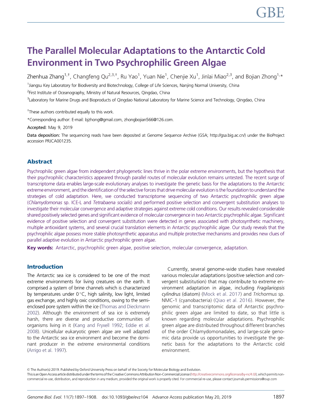 The Parallel Molecular Adaptations to the Antarctic Cold Environment in Two Psychrophilic Green Algae