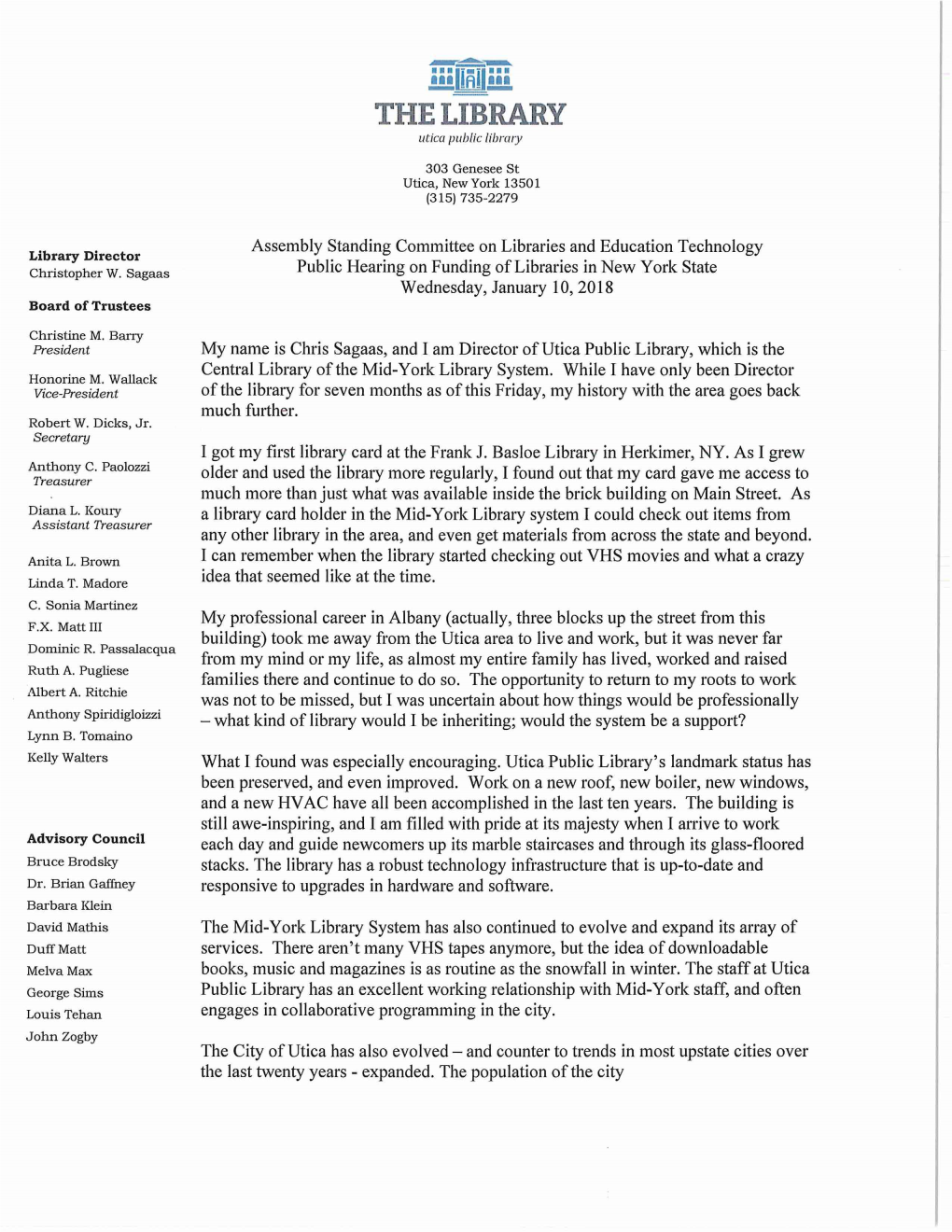 Sagaas Public Hearing on Funding of Libraries in New York State Wednesday, January 10, 2018 Board of Trustees