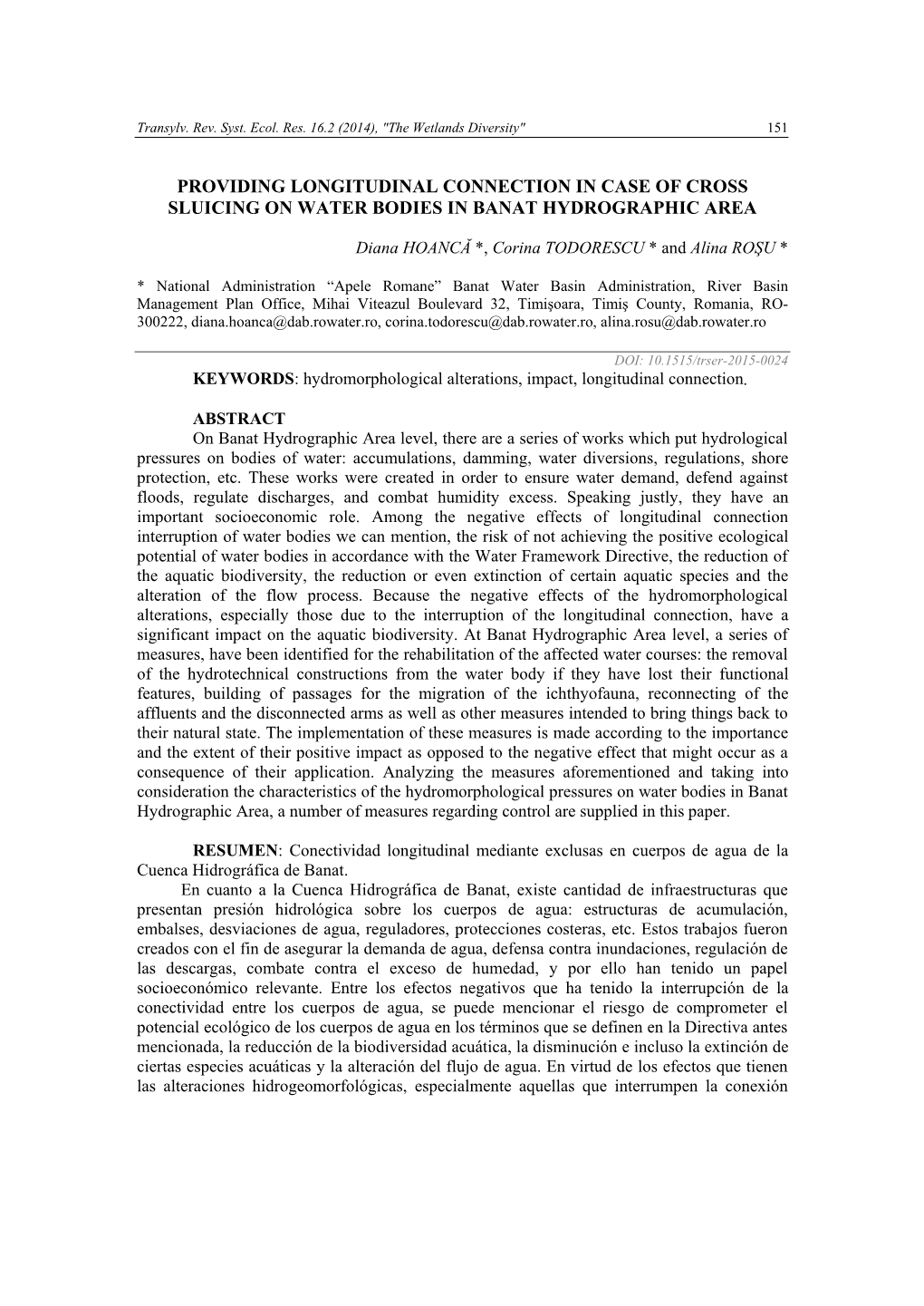 Providing Longitudinal Connection in Case of Cross Sluicing on Water Bodies in Banat Hydrographic Area