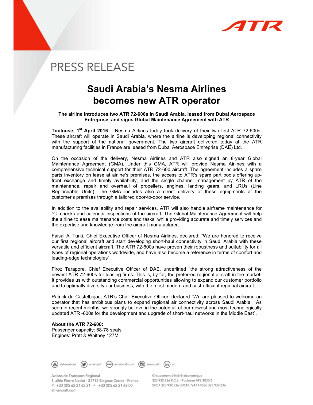 Saudi Arabia's Nesma Airlines Becomes New ATR Operator