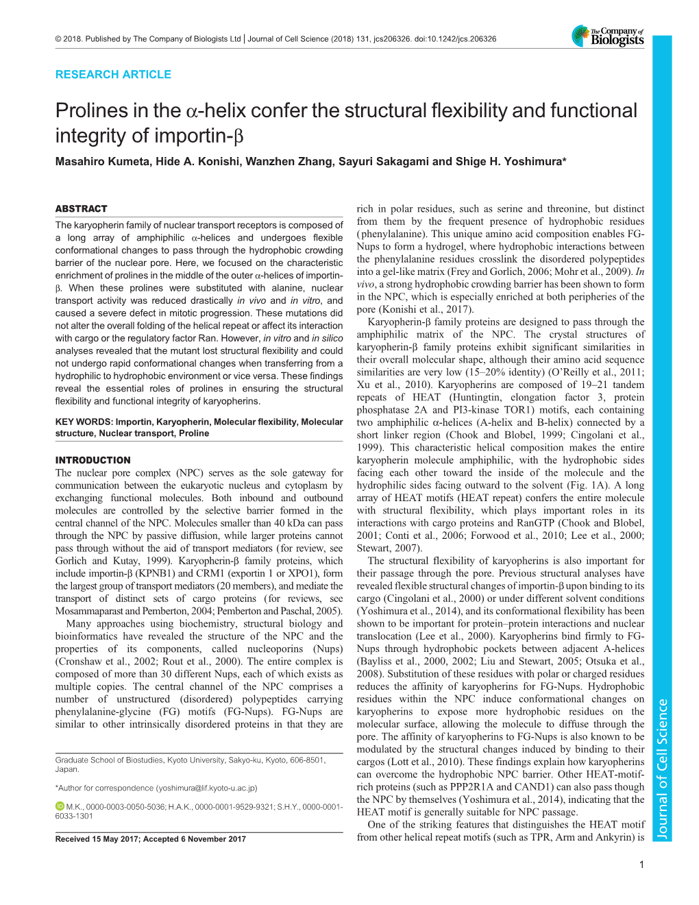 Prolines in the Α-Helix Confer the Structural Flexibility and Functional Integrity of Importin-Β Masahiro Kumeta, Hide A