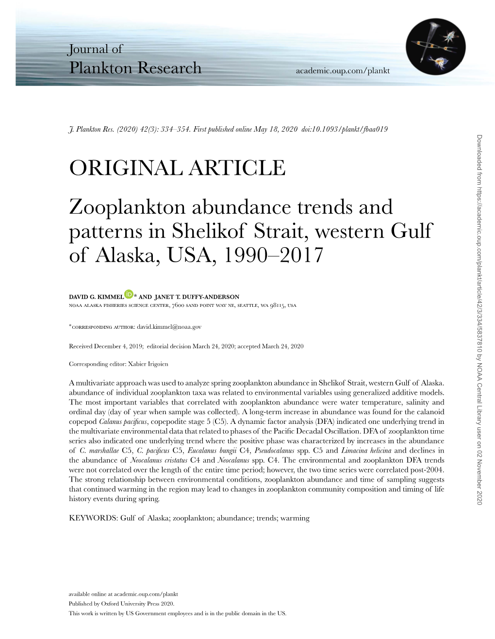 ORIGINAL ARTICLE Zooplankton Abundance Trends and Patterns in Shelikof Strait, Western Gulf of Alaska, USA, 1990–2017