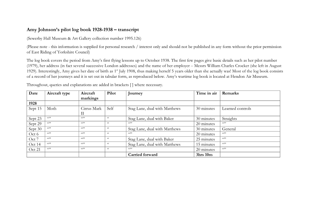 Amy Johnson's Pilot Log Book 1928-1938