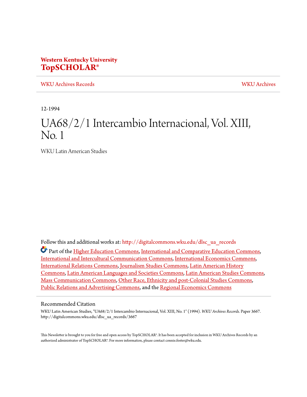 UA68/2/1 Intercambio Internacional, Vol. XIII, No. 1 WKU Latin American Studies