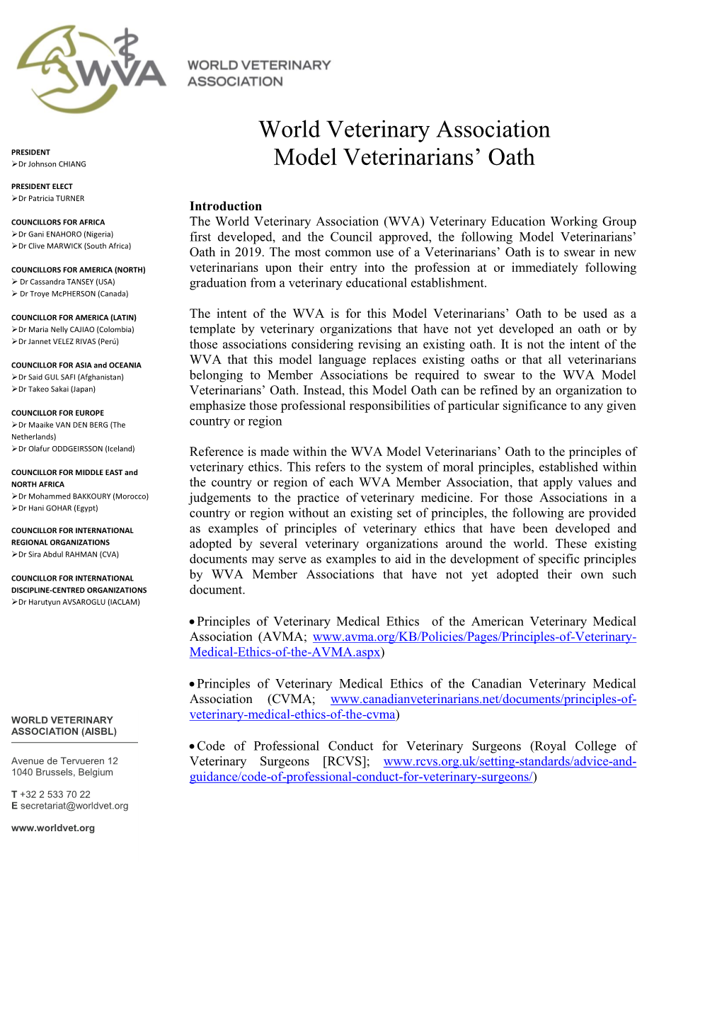 World Veterinary Association Model Veterinarians' Oath