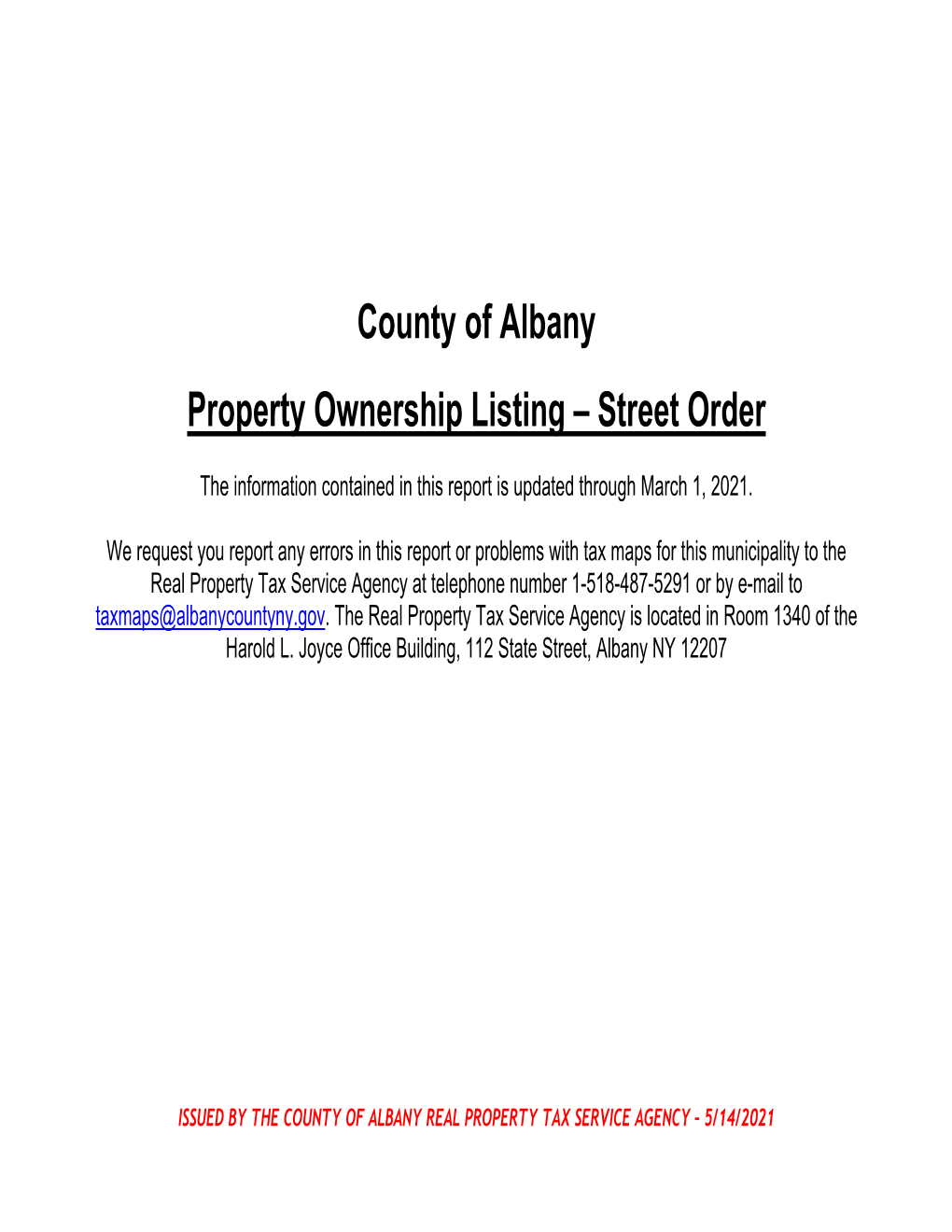 County of Albany Property Ownership Listing – Street Order