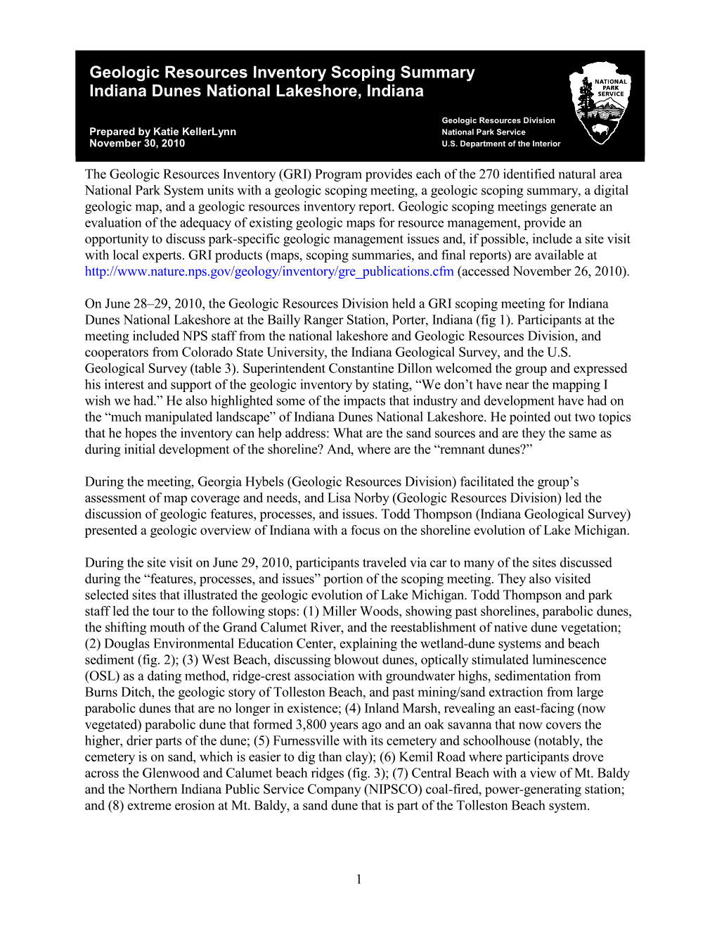 Geologic Resources Inventory Scoping Summary Indiana Dune