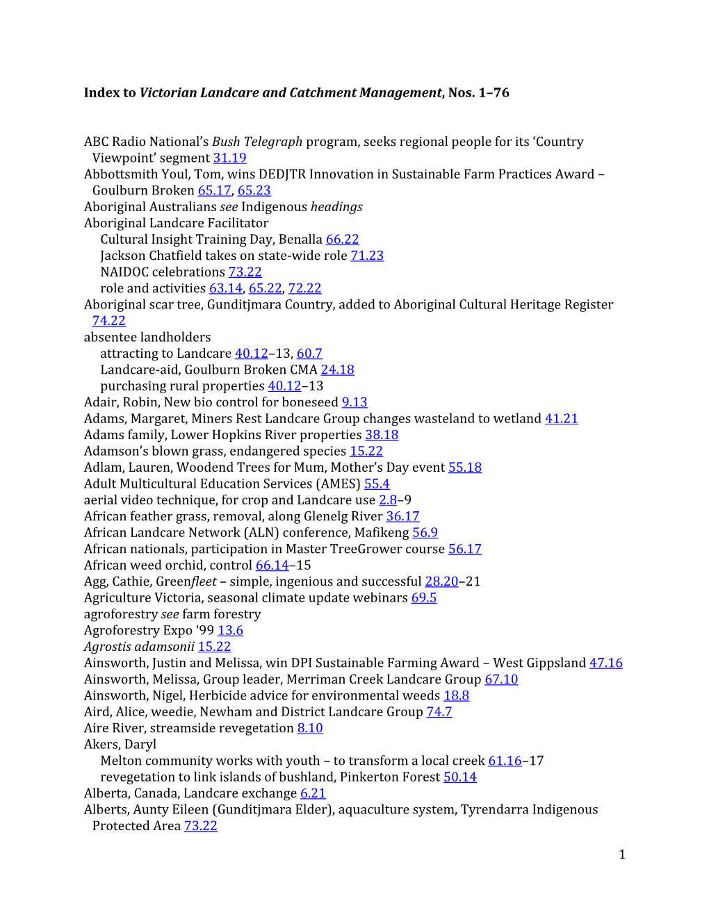 1 Index to Victorian Landcare and Catchment Management, Nos. 1