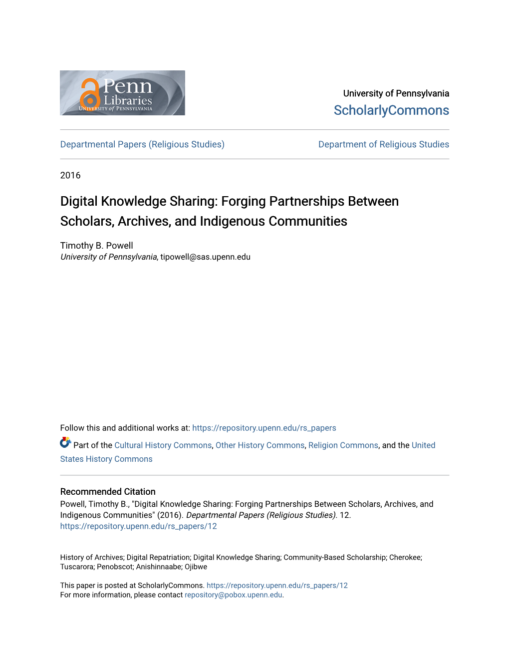 Digital Knowledge Sharing: Forging Partnerships Between Scholars, Archives, and Indigenous Communities