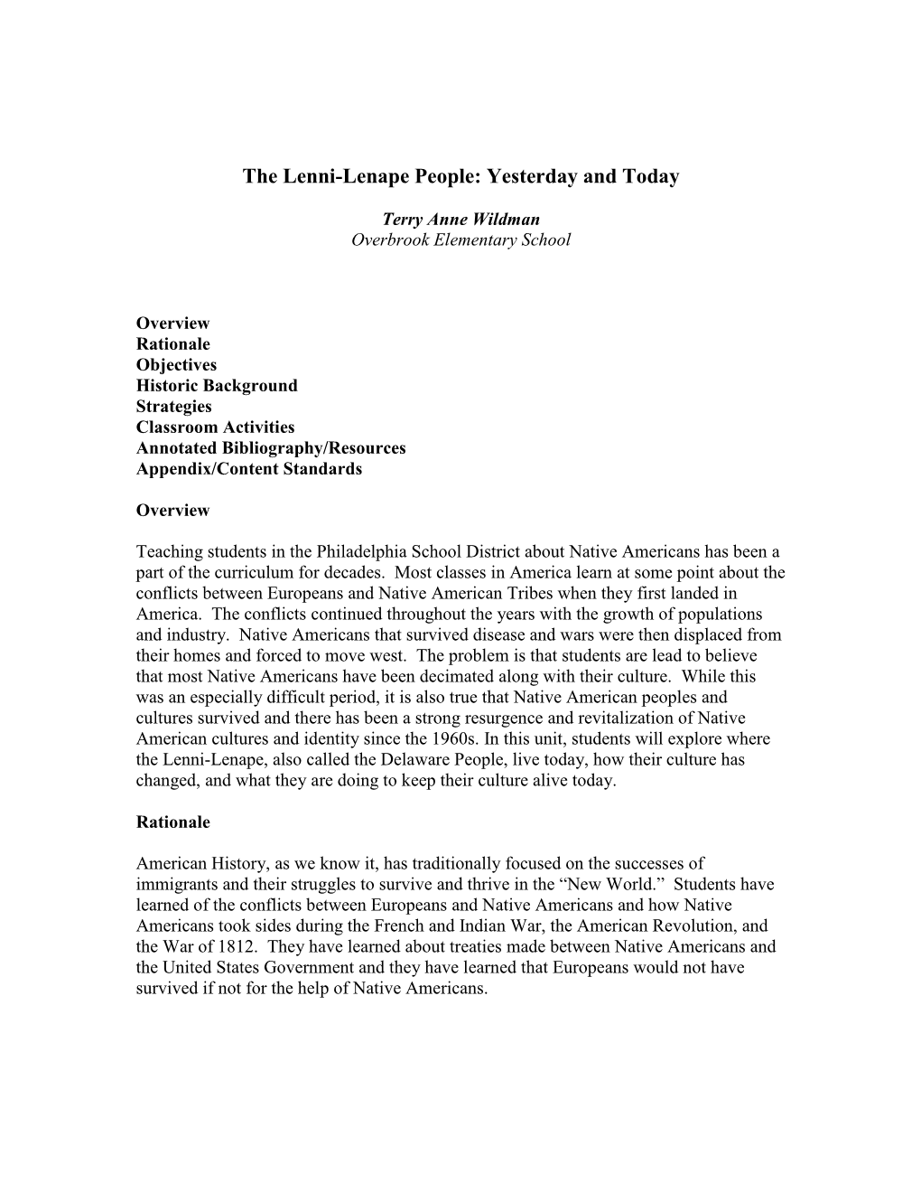 The Lenni-Lenape People: Yesterday and Today