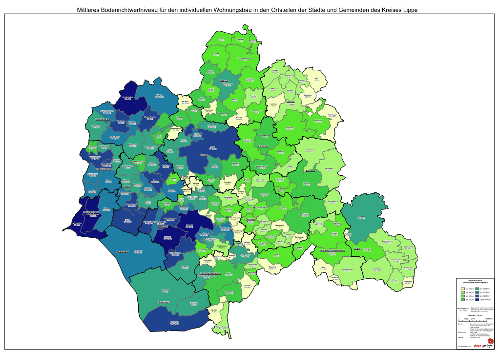 Mittleres Bodenrichtwertniveau Für Den Individuellen Wohnungsbau in Den Ortsteilen Der Städte Und Gemeinden Des Kreises Lippe