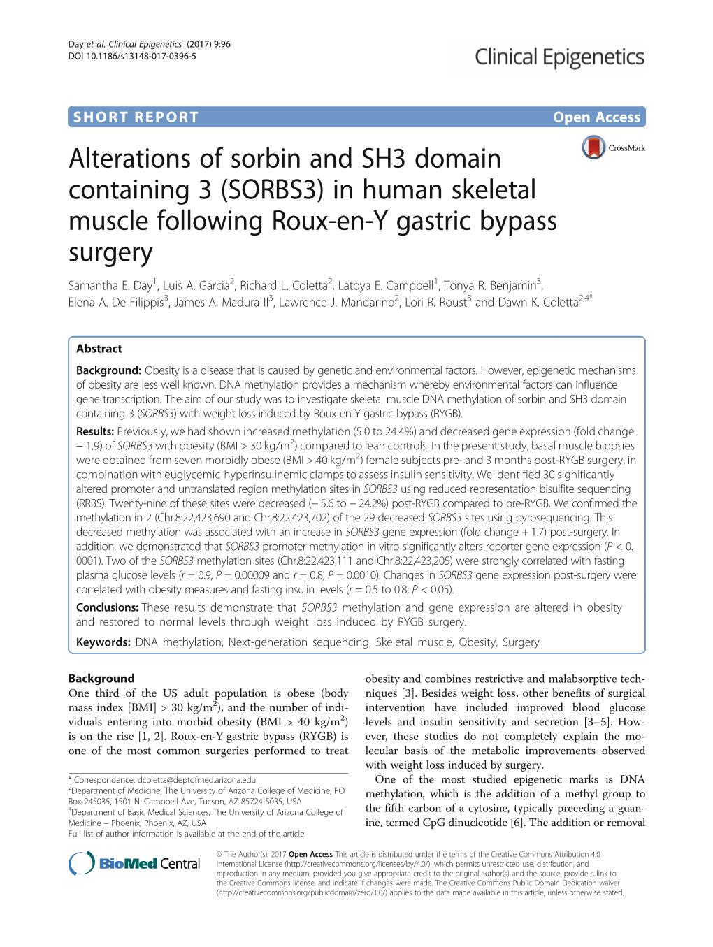 Alterations of Sorbin and SH3 Domain Containing 3 (SORBS3) in Human Skeletal Muscle Following Roux-En-Y Gastric Bypass Surgery Samantha E